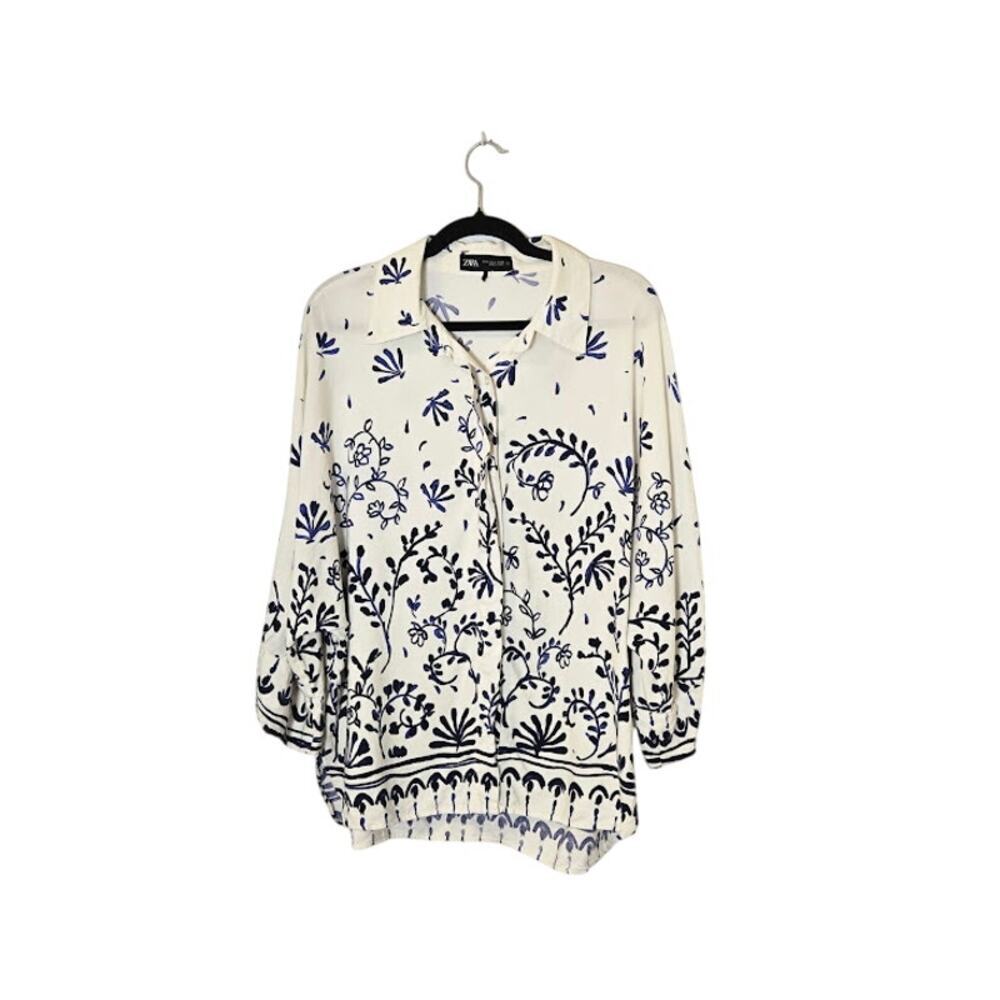Zara Womens Floral Button Up Top Size XL White & Navy Preppy Career Cottagecore